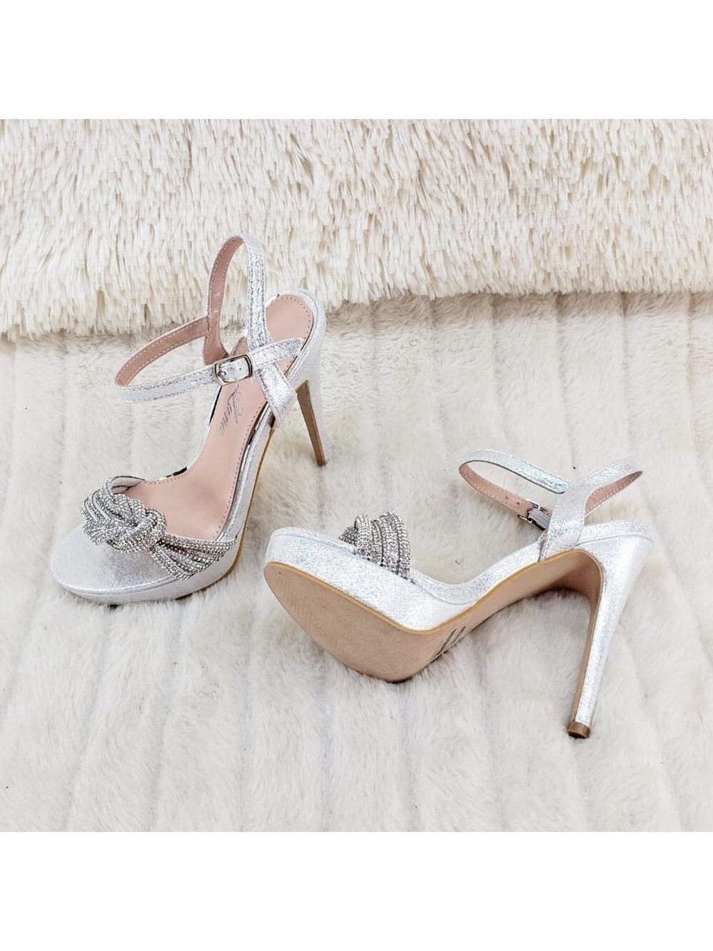 Gorgeous Silver Shimmery Platform Rhinestone High Heel Sandals Shoes - Picture 4 of 13